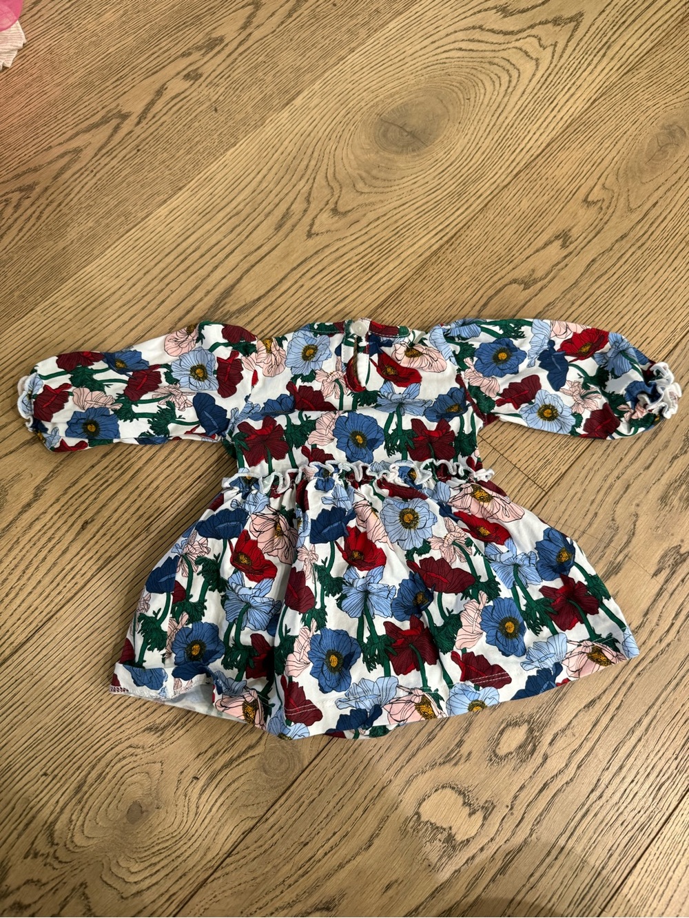 Rufflebutts Floral Bodysuit Dress Top - White with Red, Blue & Green Flowers